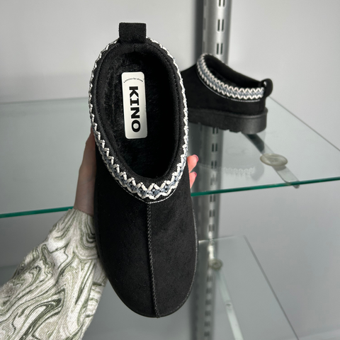 Zoe Aztec Faux Fur Slip On Winter Micro Slippers In Black