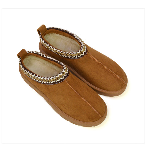 Zoe Aztec Faux Fur Slip On Winter Micro Slippers In Sand