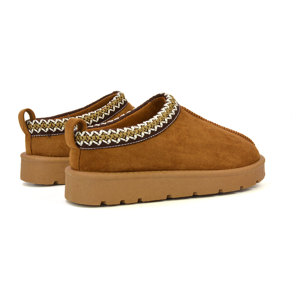 Zoe Aztec Faux Fur Slip On Winter Micro Slippers In Sand