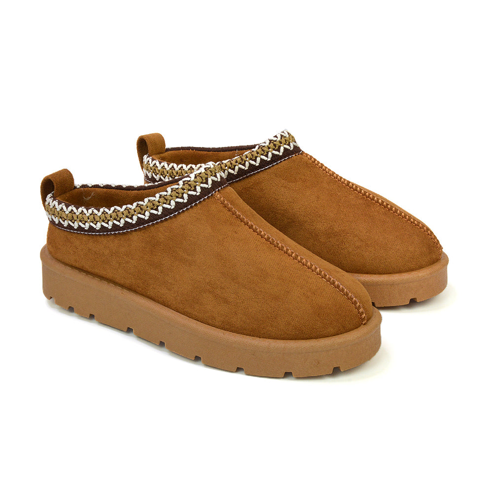 Zoe Aztec Faux Fur Slip On Winter Micro Slippers In Chestnut