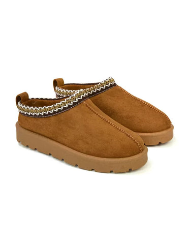 Zoe Aztec Faux Fur Slip On Winter Micro Slippers In Chestnut