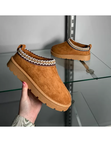 Zoe Aztec Faux Fur Slip On Winter Micro Slippers In Chestnut