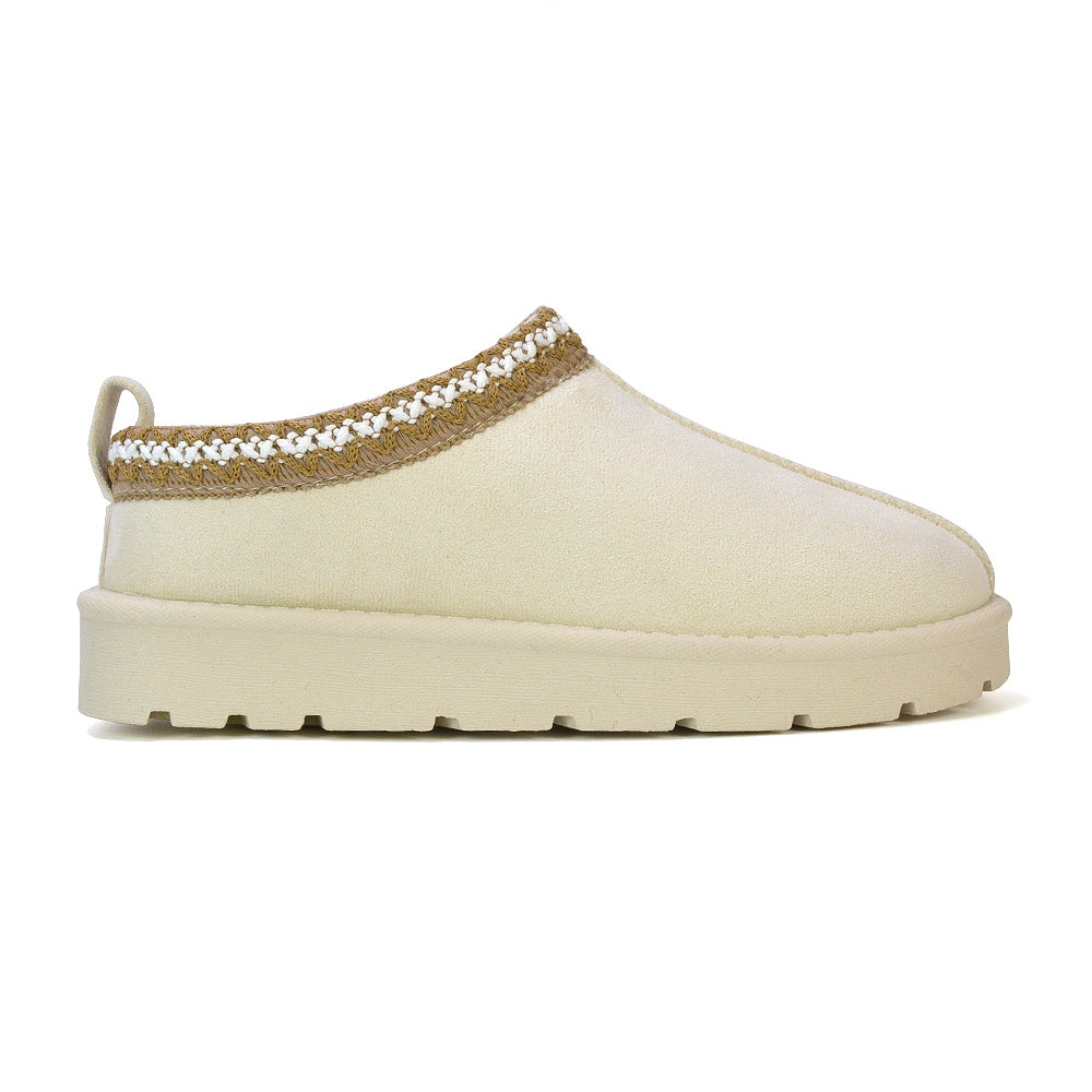 Zoe Aztec Faux Fur Slip On Winter Micro Slippers In Sand