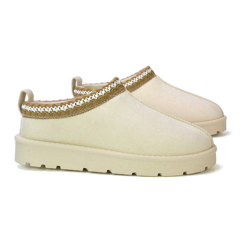 Zoe Aztec Faux Fur Slip On Winter Micro Slippers In Mushroom