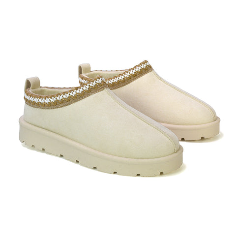 Zoe Aztec Faux Fur Slip On Winter Micro Slippers In Mushroom