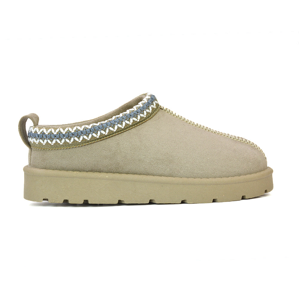 Zoe Aztec Faux Fur Slip On Winter Micro Slippers In Cream