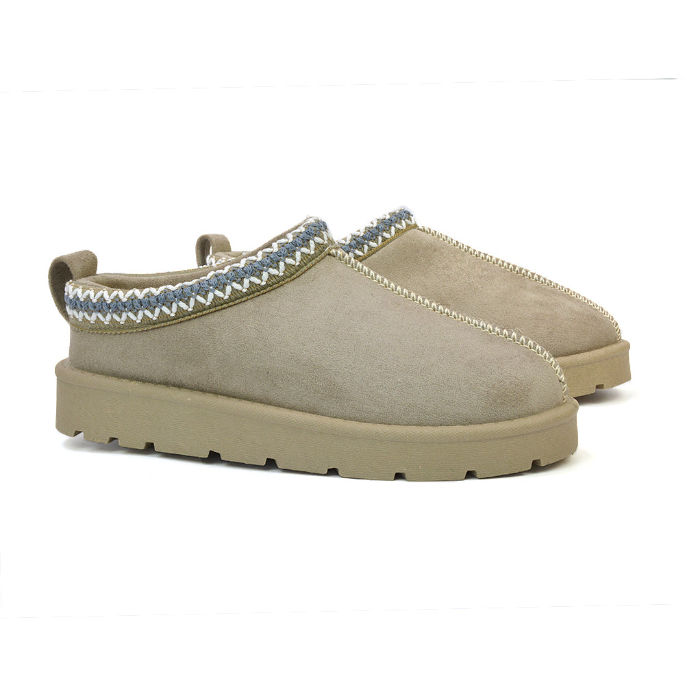 Zoe Aztec Faux Fur Slip On Winter Micro Slippers In Sand