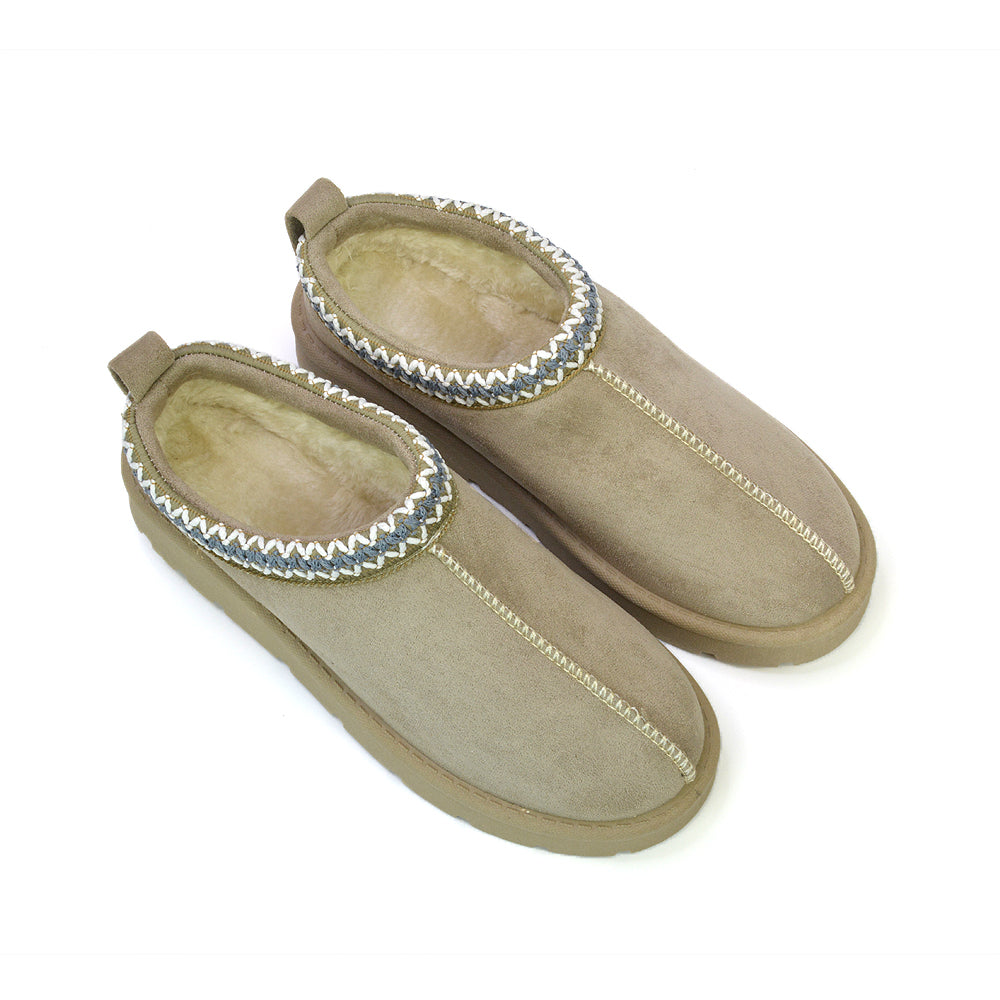 Zoe Aztec Faux Fur Slip On Winter Micro Slippers In Cream