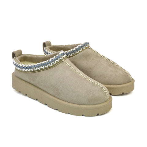 Zoe Aztec Faux Fur Slip On Winter Micro Slippers In Sand