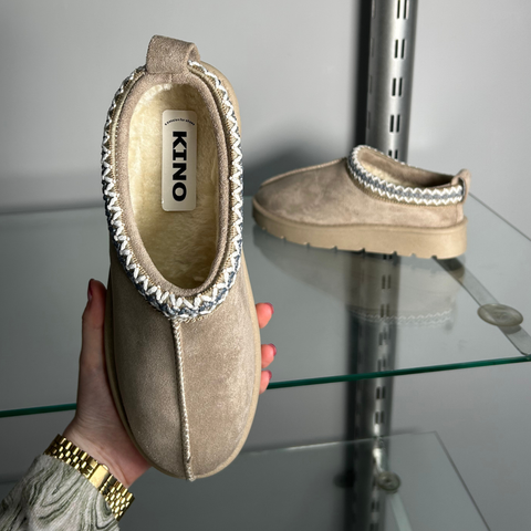 Zoe Aztec Faux Fur Slip On Winter Micro Slippers In Sand