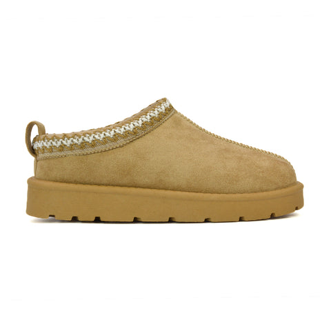 Zoe Aztec Faux Fur Slip On Winter Micro Slippers In Sand