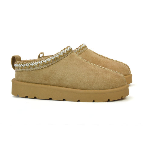 Zoe Aztec Faux Fur Slip On Winter Micro Slippers In Sand