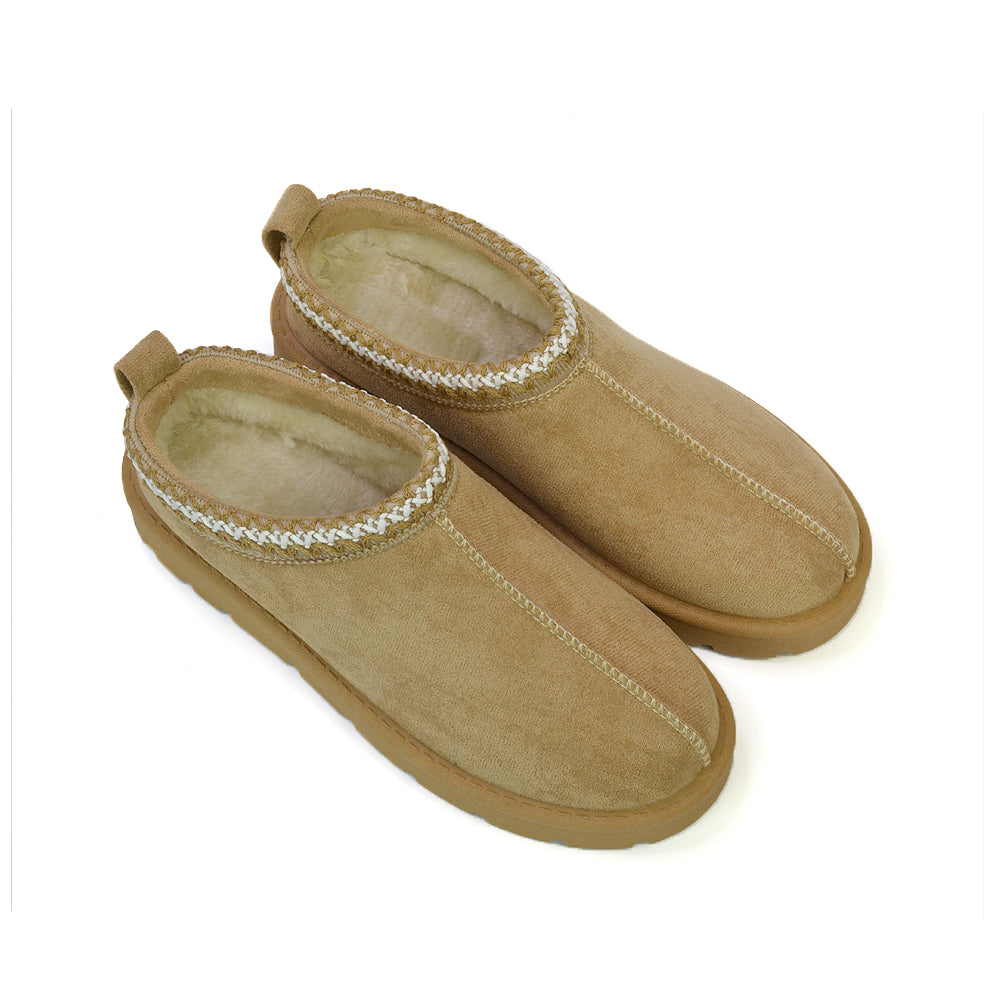 Zoe Aztec Faux Fur Slip On Winter Micro Slippers In Mushroom