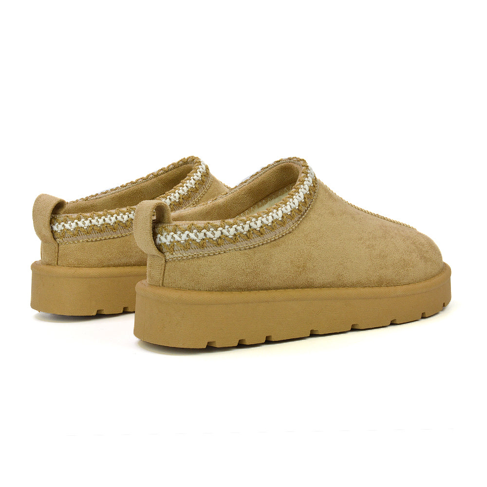 Zoe Aztec Faux Fur Slip On Winter Micro Slippers In Sand