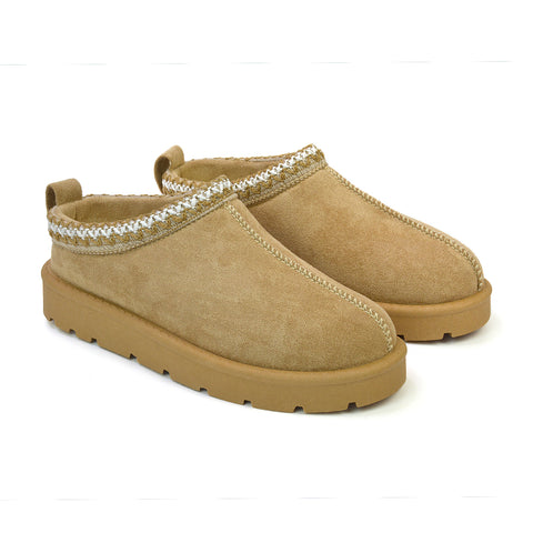 Zoe Aztec Faux Fur Slip On Winter Micro Slippers In Sand