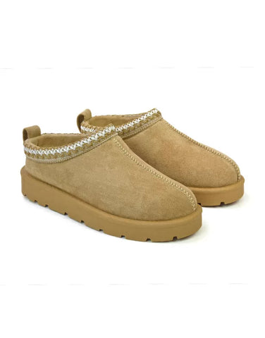 Zoe Aztec Faux Fur Slip On Winter Micro Slippers In Mushroom