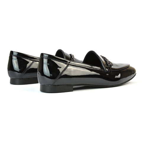 Tessah Chain Detail Flat Heel Slip On School Shoes Loafers is Black Synthetic Leather