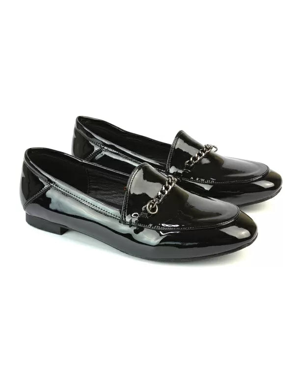 Tessah Chain Detail Flat Heel Slip On School Shoes Loafers is Black Synthetic Leather