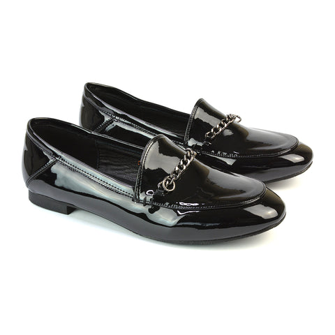 Tessah Chain Detail Flat Heel Slip On School Shoes Loafers is Black Patent