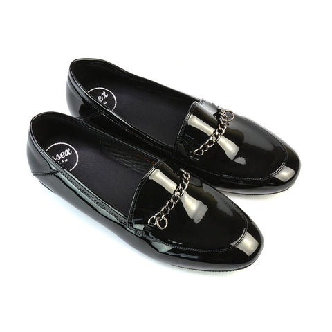 Tessah Chain Detail Flat Heel Slip On School Shoes Loafers is Black Patent