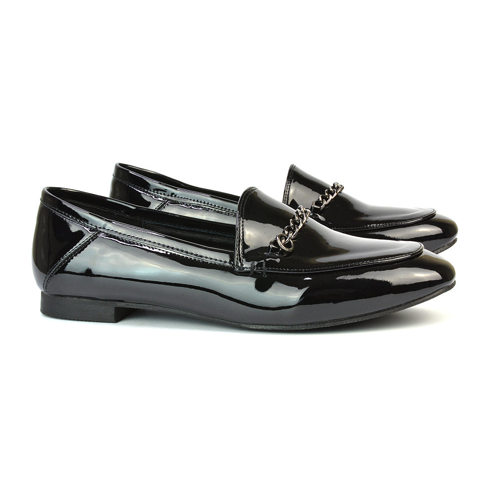 Tessah Chain Detail Flat Heel Slip On School Shoes Loafers is Black Synthetic Leather