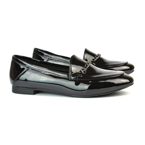 Tessah Chain Detail Flat Heel Slip On School Shoes Loafers is Black Patent