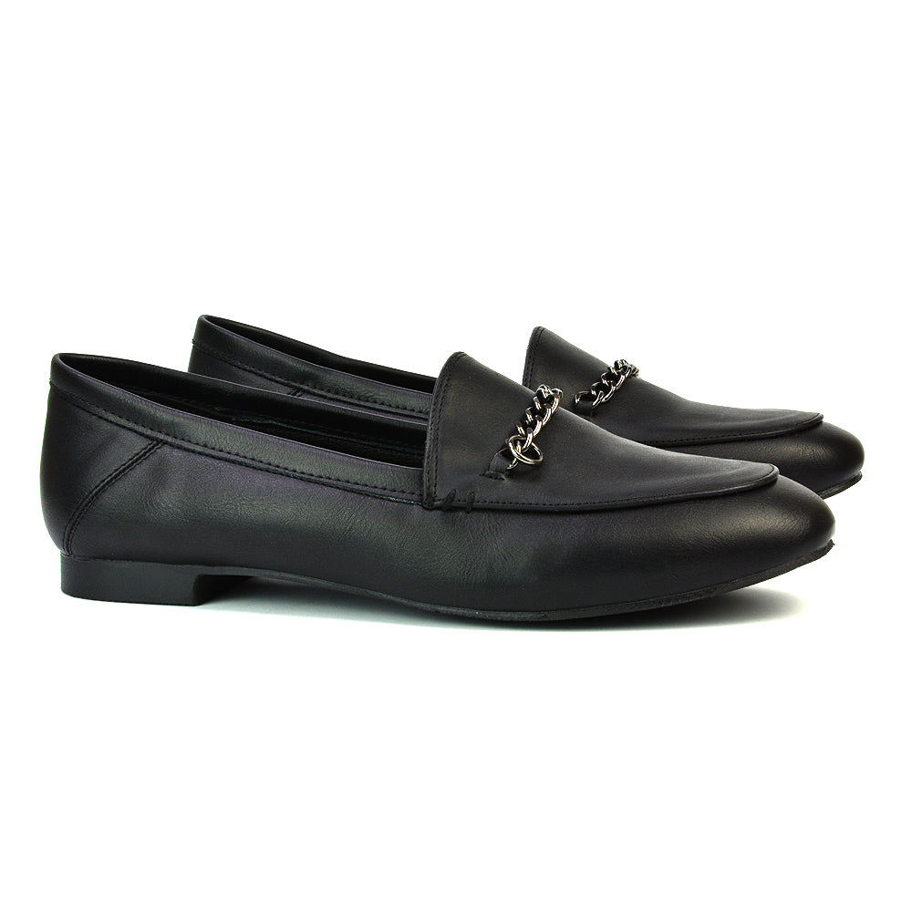 Tessah Chain Detail Flat Heel Slip On School Shoes Loafers is Black Patent