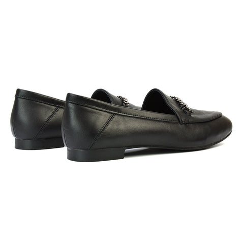 Tessah Chain Detail Flat Heel Slip On School Shoes Loafers is Black Synthetic Leather