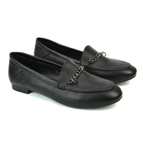 Tessah Chain Detail Flat Heel Slip On School Shoes Loafers is Black Synthetic Leather