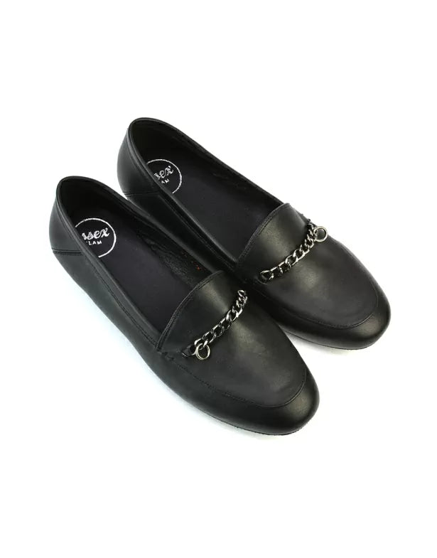 Tessah Chain Detail Flat Heel Slip On School Shoes Loafers is Black Patent