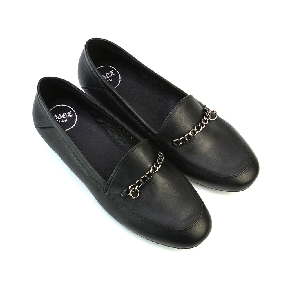 Tessah Chain Detail Flat Heel Slip On School Shoes Loafers is Black Patent