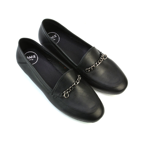 Tessah Chain Detail Flat Heel Slip On School Shoes Loafers is Black Synthetic Leather