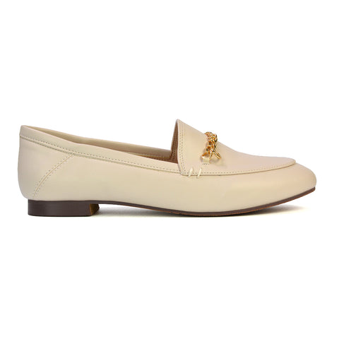 Tessah Chain Detail Flat Heel Slip On School Shoes Loafers is Nude Synthetic Leather
