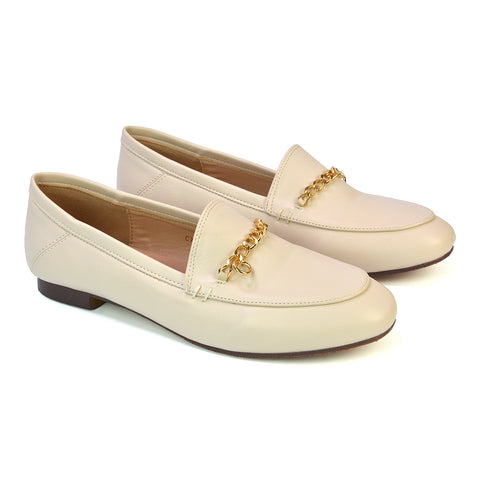 Tessah Chain Detail Flat Heel Slip On School Shoes Loafers is Nude Synthetic Leather