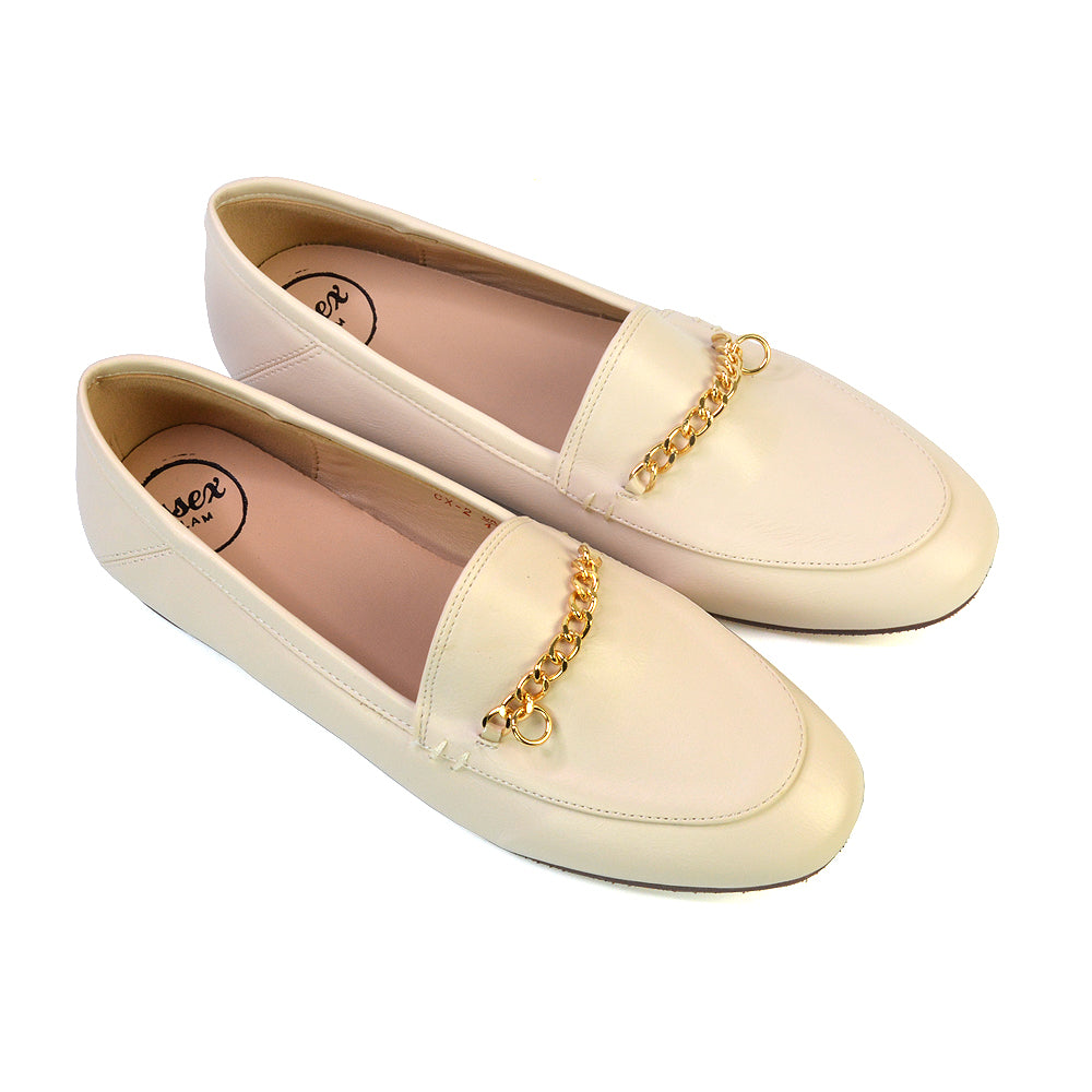 Tessah Chain Detail Flat Heel Slip On School Shoes Loafers is Nude Synthetic Leather