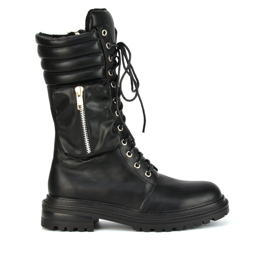 Jada Flat Zip-up Pocket Detail Biker Calf Chunky Lace Up Boots in Black Synthetic Leather