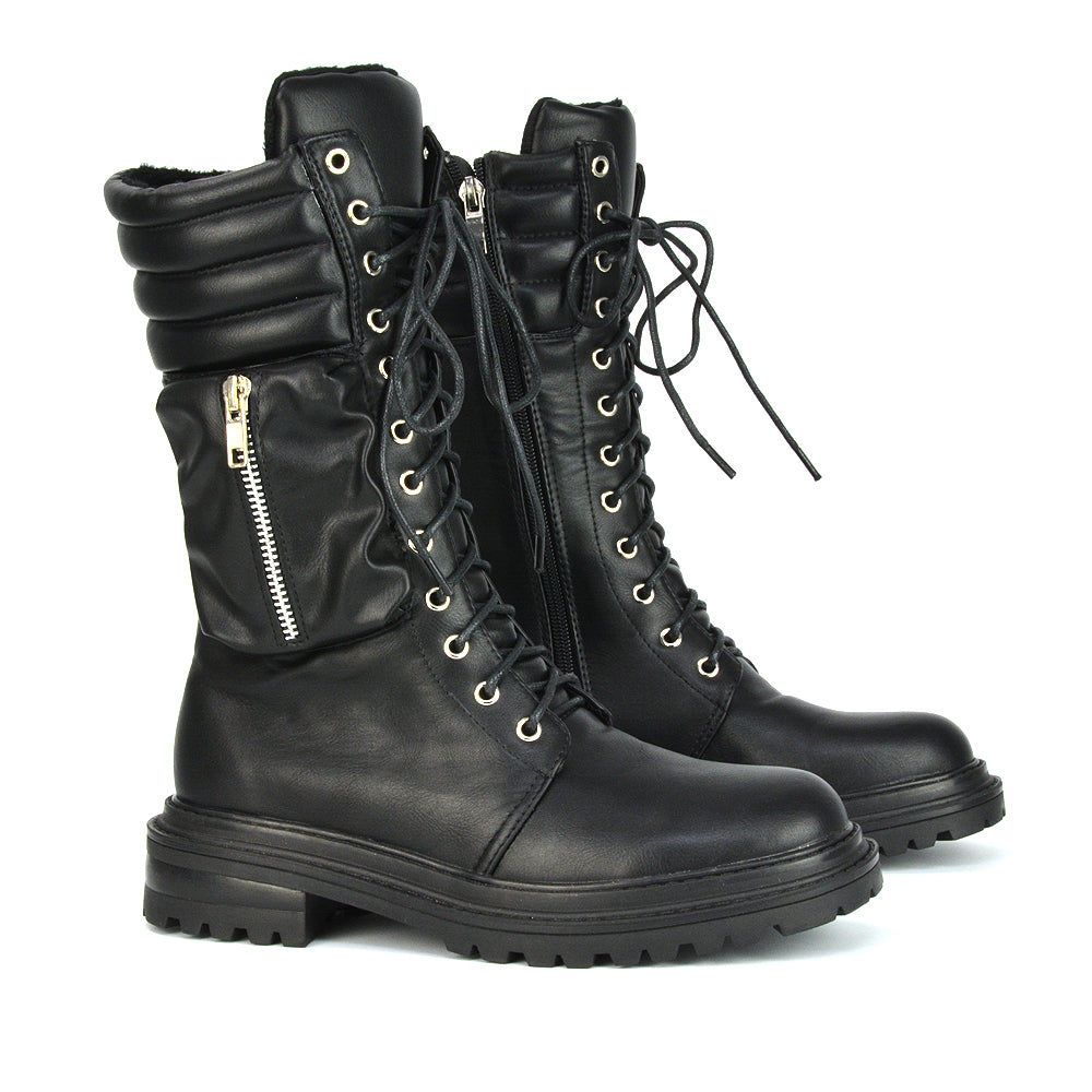 Jada Flat Zip-up Pocket Detail Biker Calf Chunky Lace Up Boots in Black Synthetic Leather