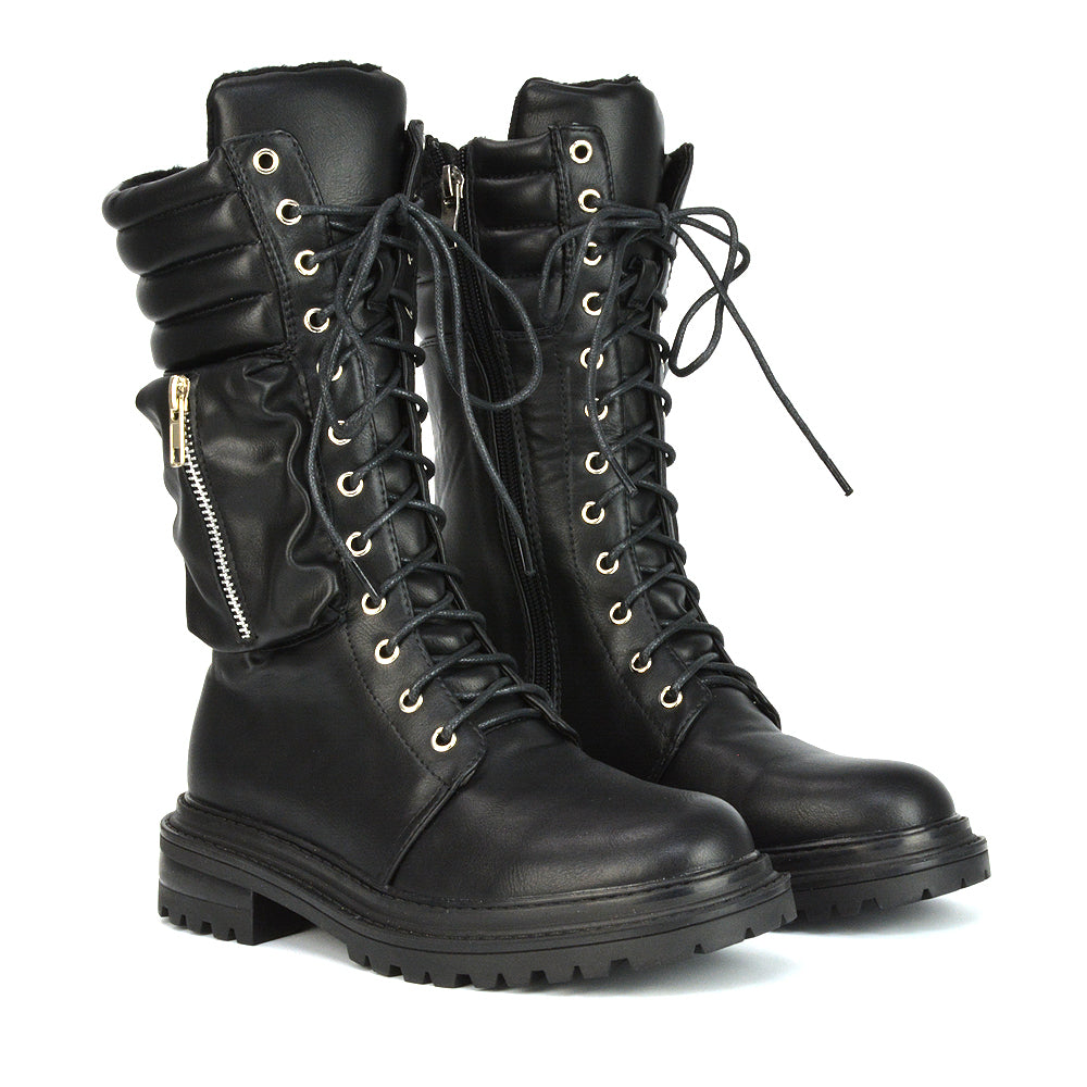 Jada Flat Zip-up Pocket Detail Biker Calf Chunky Lace Up Boots in Black Synthetic Leather