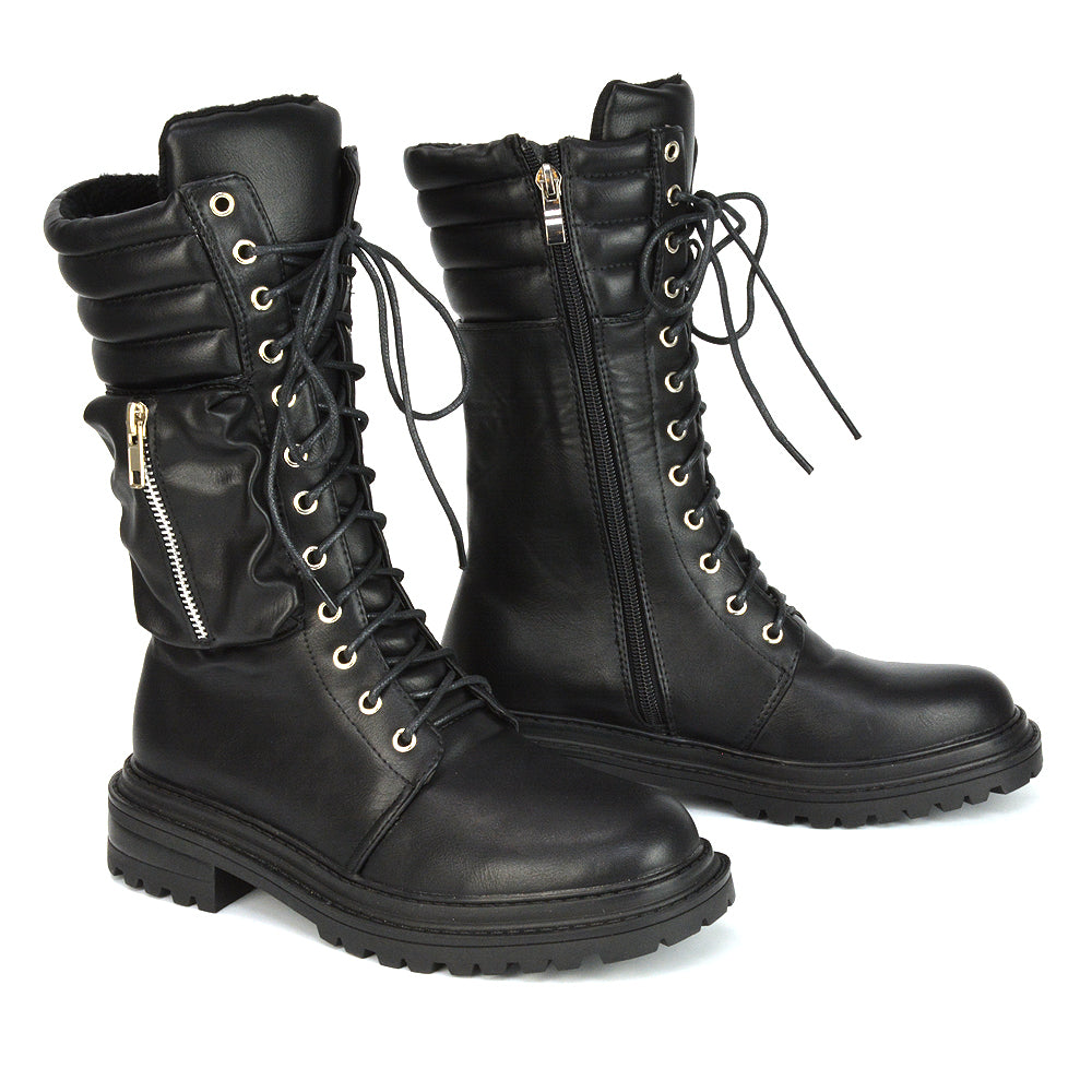 Jada Flat Zip-up Pocket Detail Biker Calf Chunky Lace Up Boots in Black Synthetic Leather