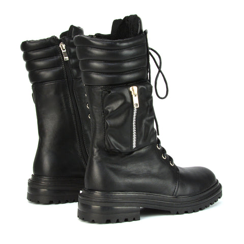 Jada Flat Zip-up Pocket Detail Biker Calf Chunky Lace Up Boots in Black Synthetic Leather