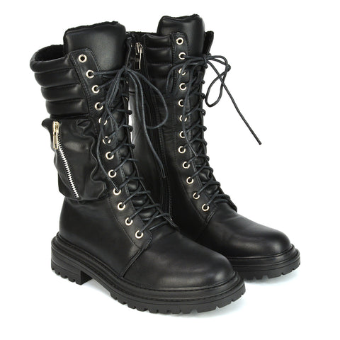 Jada Flat Zip-up Pocket Detail Biker Calf Chunky Lace Up Boots in Black Synthetic Leather