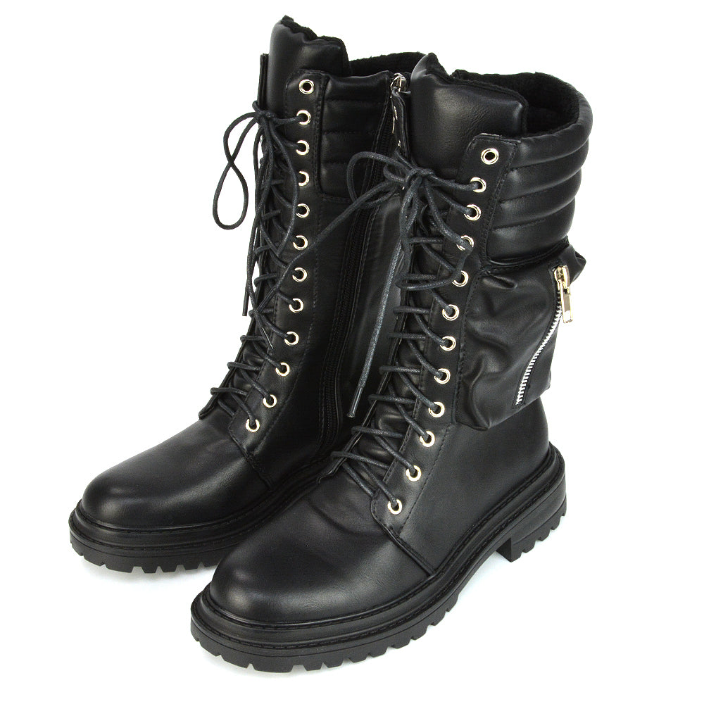 Jada Flat Zip-up Pocket Detail Biker Calf Chunky Lace Up Boots in Black Synthetic Leather