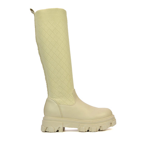 Oscar Chunky Sole Knitted Knee High Sock Biker Boots in Nude Synthetic Leather