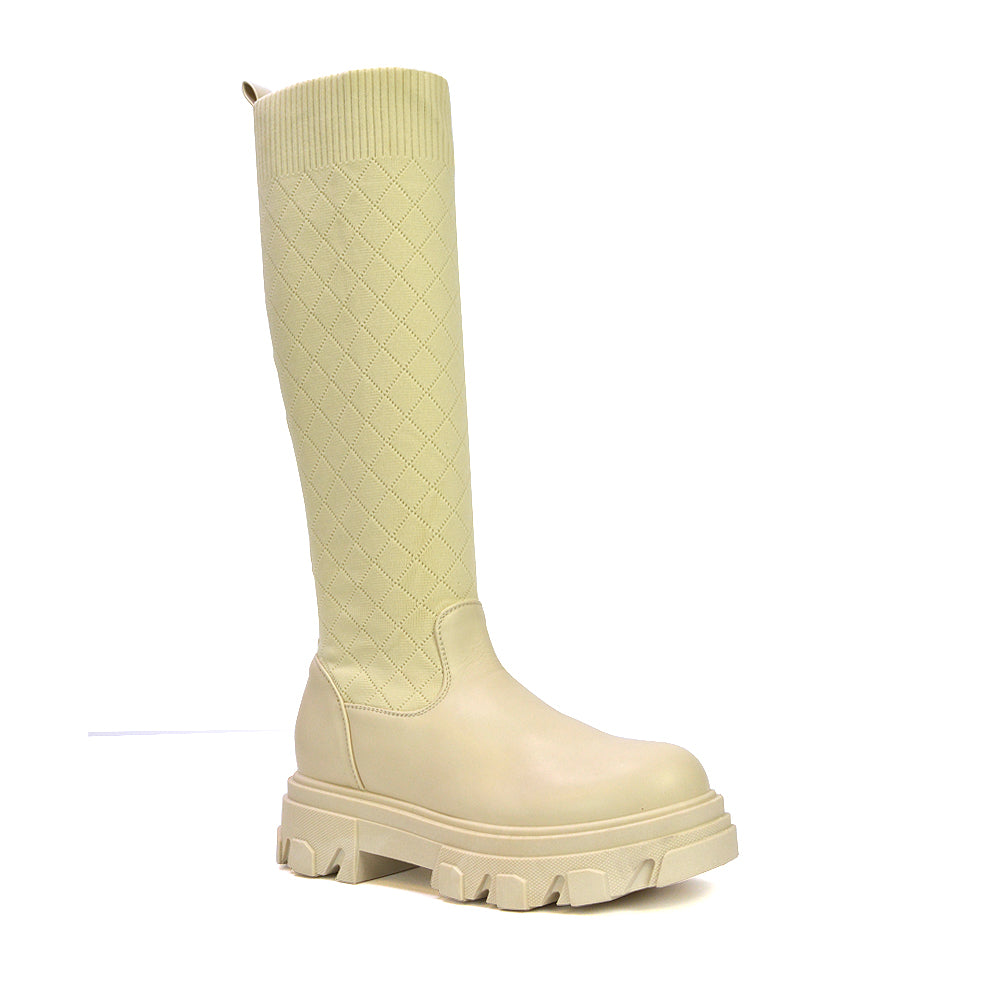 Oscar Chunky Sole Knitted Knee High Sock Biker Boots in Nude Synthetic Leather