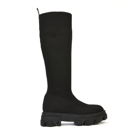 Albie Chunky Platform Sole Knee High Biker Sock Boots in Black