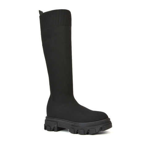 Albie Chunky Platform Sole Knee High Biker Sock Boots in Black