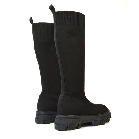 Albie Chunky Platform Sole Knee High Biker Sock Boots in Black