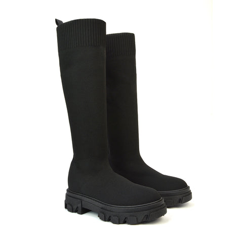 Albie Chunky Platform Sole Knee High Biker Sock Boots in Black