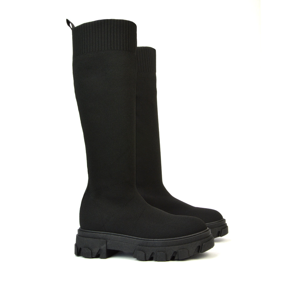 Albie Chunky Platform Sole Knee High Biker Sock Boots in Black