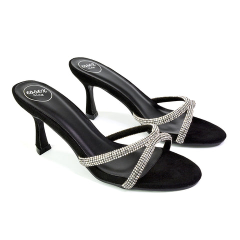 Paxton Diamante Strappy Mid High Heel Party Stiletto Mule Sandals In Silver